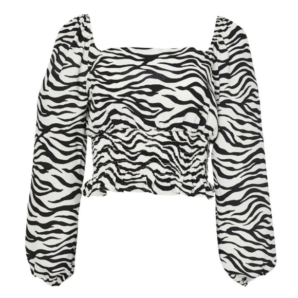 BCBGENERATION | smock waist long puff sleeve crop top in zebra print, size large - Picture 3 of 15